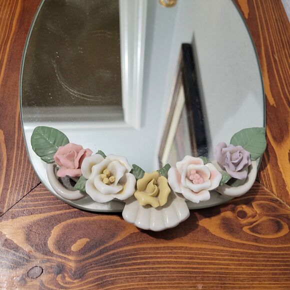 Vintage Capodimonte Style Flower Mirrored Vanity Tray - 13.5" x 9" Victorian - Picture 5 of 7
